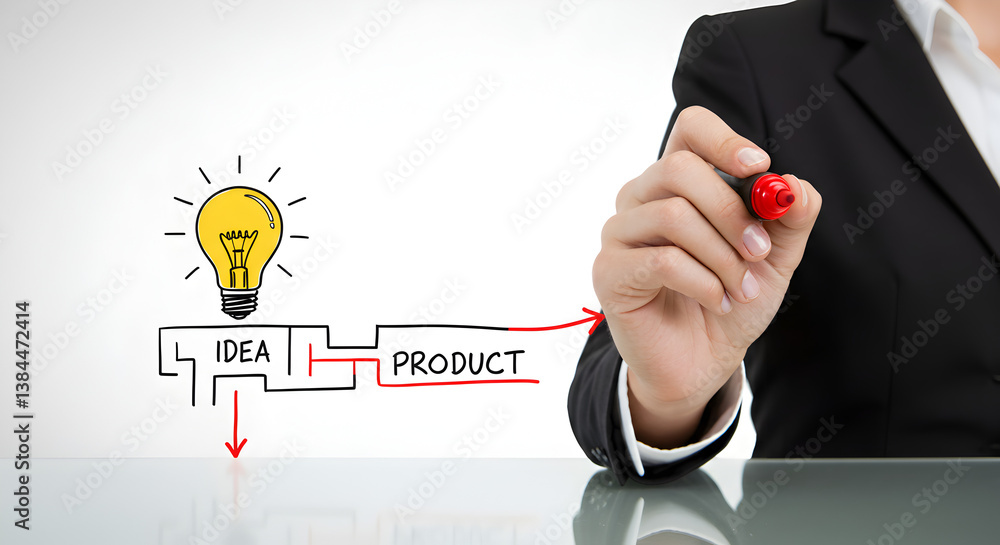 Poster businesswoman drawing a product development flowchart with lightbulb idea and red marker on clear su