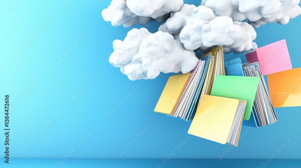 Poster a cloud filled with numerous books representing knowledge and information storage in a digital envir
