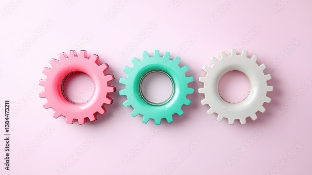 Poster three distinctively colored gears representing collaboration and business dynamics in a mechanistic 