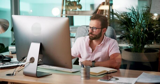 Computer, web development and writing with man coding software in office for launch or testing. Design, reading and programming with developer employee at desk in workplace for infrastructure code