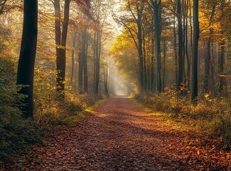 Fototapeta premium A beautiful forest path in the middle of the forest with autumn leaves, trees and morning sunlight in the Netherlands. Forest landscape with nature background. Autumn. Landscape photography.