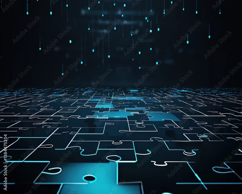 Poster a conceptual digital workspace where strategies are visualized as interconnected puzzles