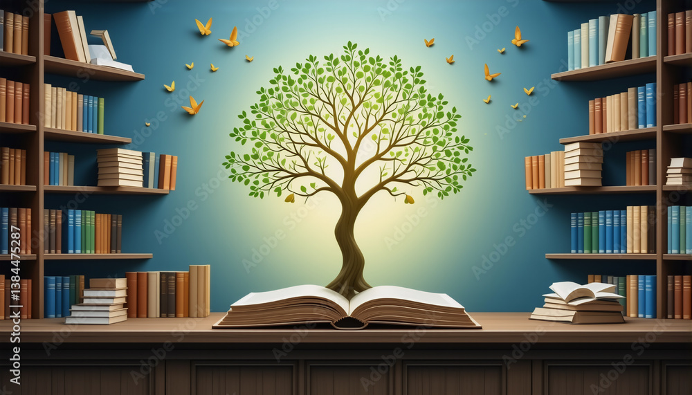 Poster a tree of knowledge emerges from an open book atop a wooden table. bookshelves filled with books cre