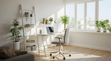 Bright Home Office with Ladder Shelf and Assorted Potted Plants Scenery