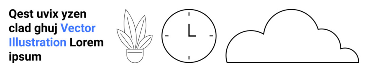Plant pot, analog clock, and cloud outline serve as symbols of growth, time, and connectivity. Ideal for productivity, tech, nature, sustainability mindfulness modernity flat landing page banner