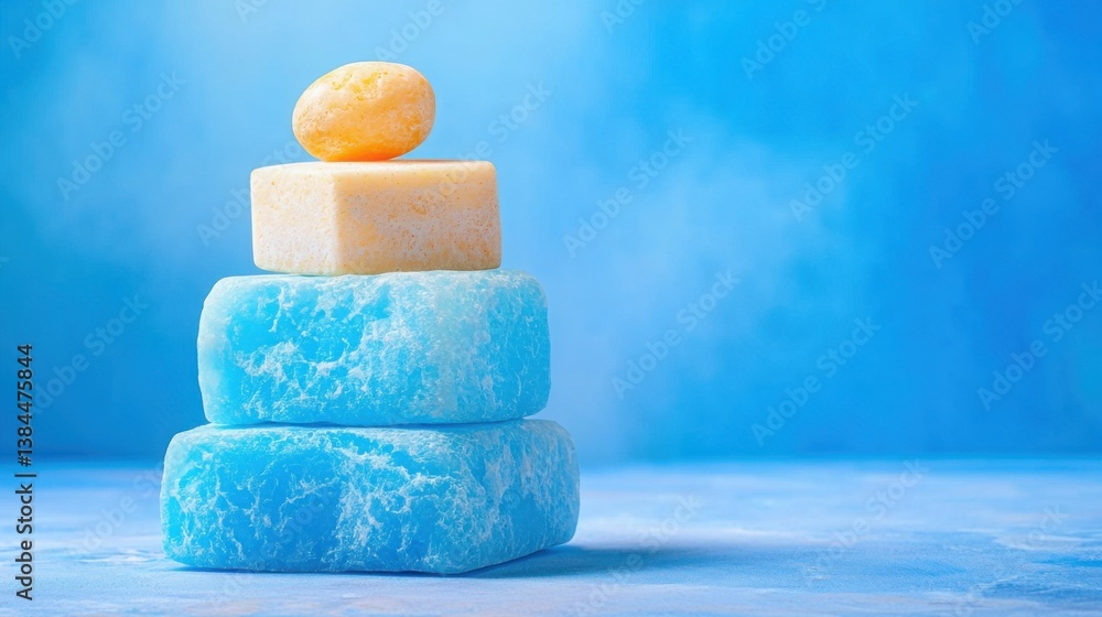 Poster stack of soap bars displaying information hierarchy in a creative concept for visual organization an