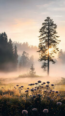 Misty Sunrise Over a Field of Flowers and Trees