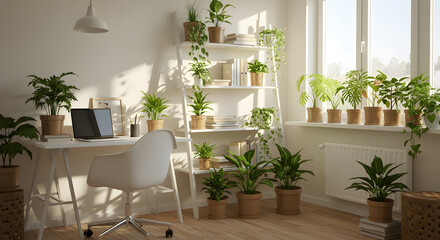 Bright Home Office with Ladder Shelf and Assorted Potted Plants in Sunlight
