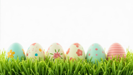 Colorful Decorative Easter Eggs Arranged on Vibrant Green Grass Against a Clean White Background