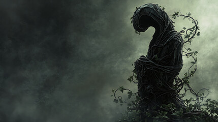 Dark Figure Bound By Twisting Vines In Moody Green Hued Atmosphere With Abstract Silhouette