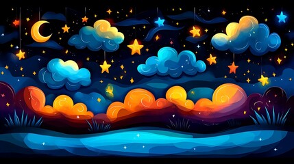 Naklejka premium Magical Night Sky Stars with Clouds, and and Moonlit Landscape.