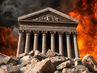 Fototapeta premium A majestic ancient temple stands amidst rubble, illuminated by an ominous fiery sky, evoking a sense of history and destruction.