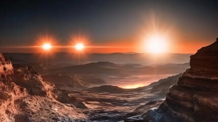 Fototapeta premium Exoplanet Landscape with Multiple Suns and Rocky Terrain at Sunrise