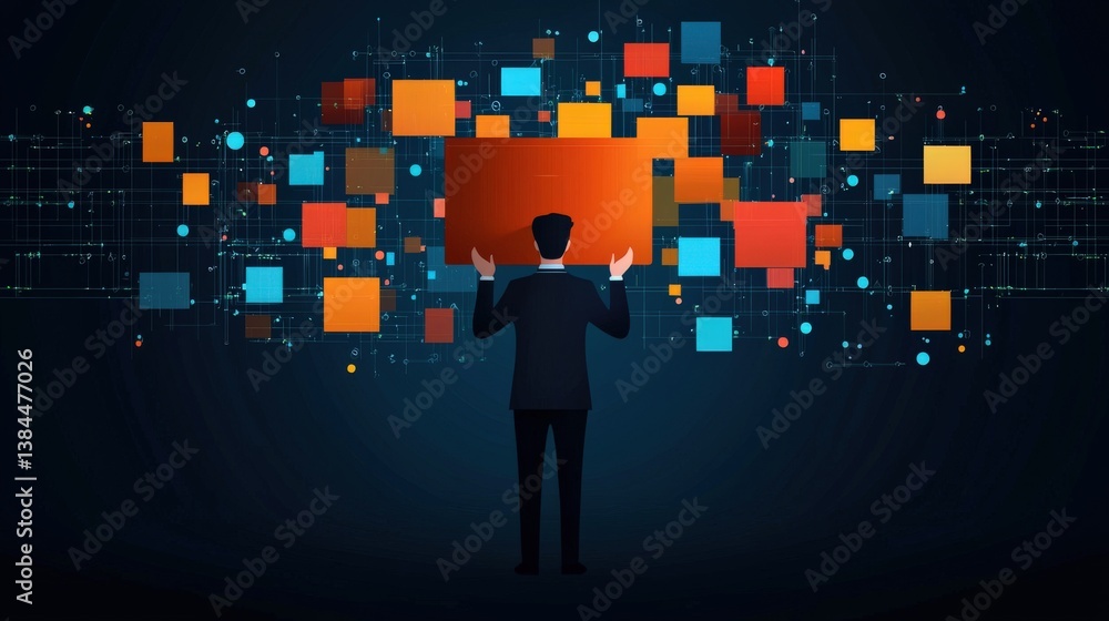 Poster a scene of a business leader orchestrating a network of digital strategies on a futuristic interface