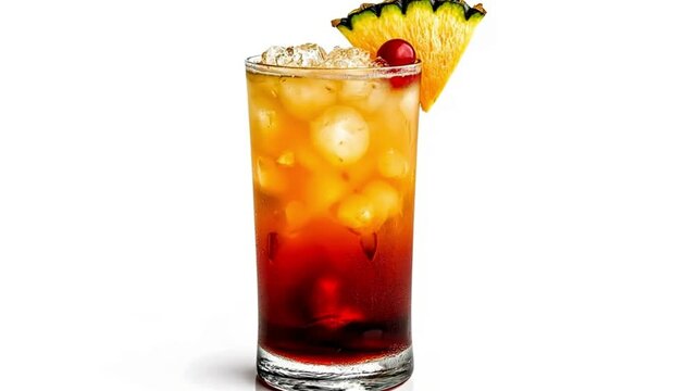 Glass of ice cold tequila sunrise cocktail with a slice of pineapple and a cherry on white background