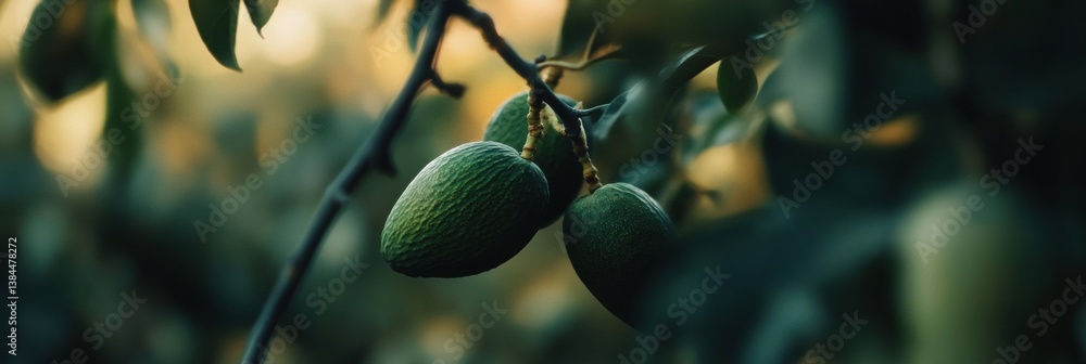Poster Ripened avocados hanging from a tree branch surrounded by lush orchard backdrop with soft focus details