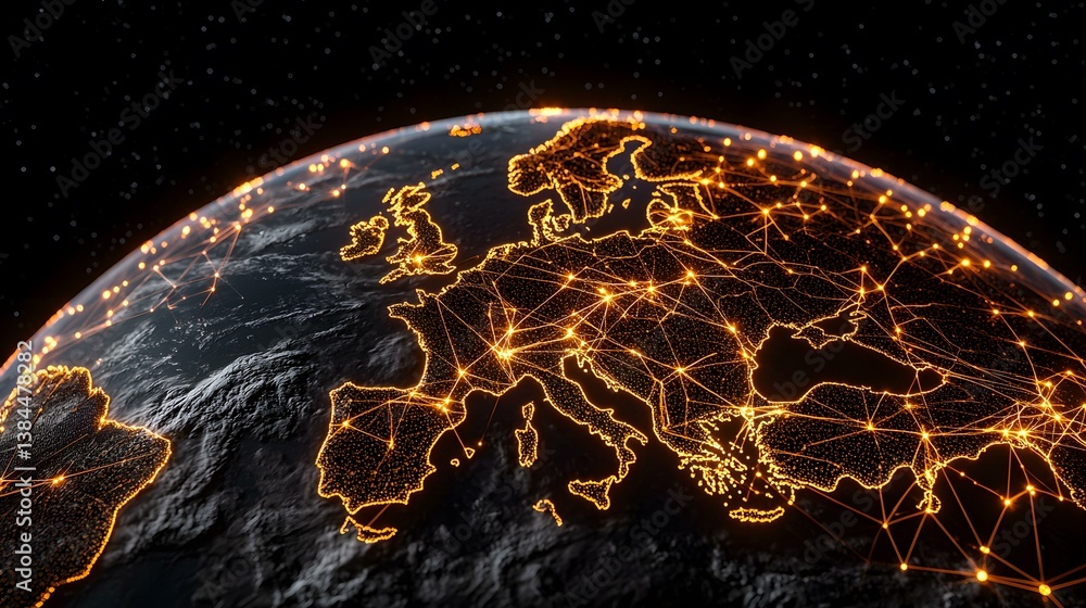 Poster the image shows a stylized depiction of europe at night, with glowing lines representing connections