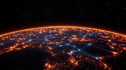 The image shows a stylized representation of Earth at night, with city lights depicted as glowing orange points.  A network of bright blue lines connects these points, illustrating a global communica