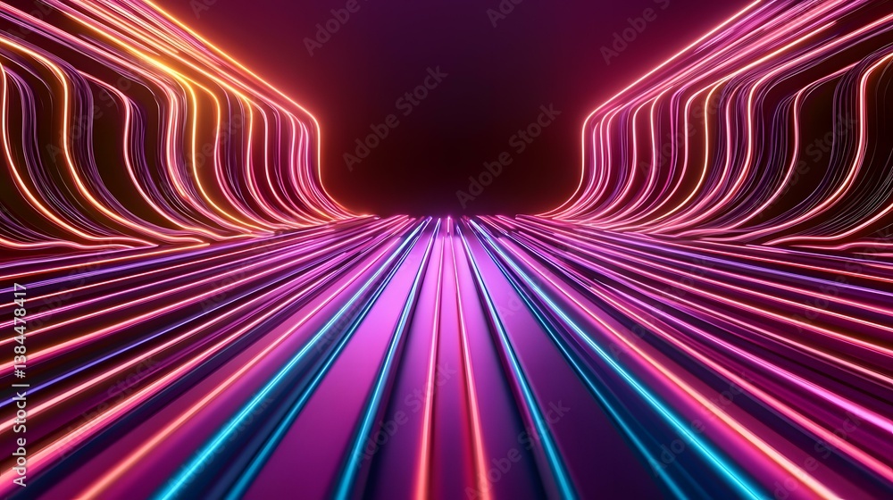 Poster the image shows a vibrant, abstract 3d rendering of a futuristic tunnel or pathway. parallel lines o