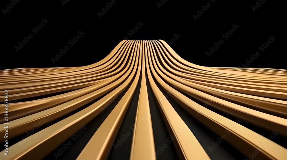 Poster the image shows a series of parallel, curved, gold-colored lines that converge and diverge, creating