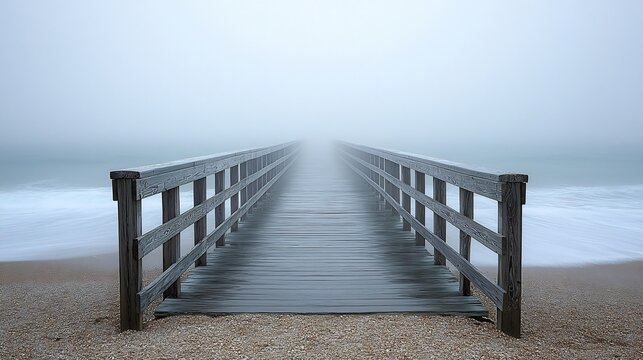Misty Wooden Pier with Tranquil Beach, and Calm. - Powered by Adobe