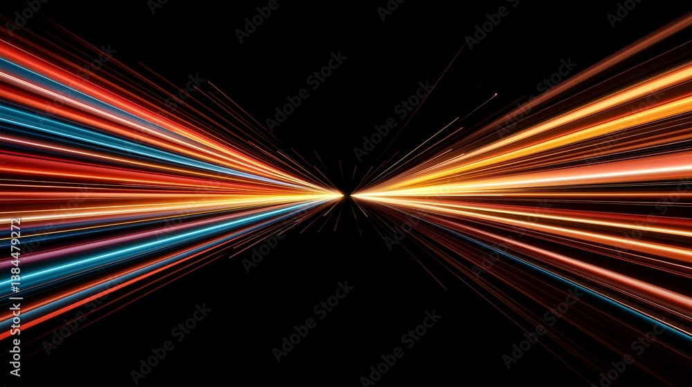 Poster the image shows an abstract representation of light streaks converging and diverging from a central 
