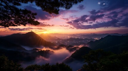Majestic Sunset over Misty Korean Mountains.