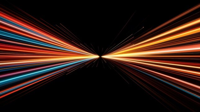 The image shows an abstract representation of light streaks converging and diverging from a central point, creating a dynamic, symmetrical pattern of vibrant orange, red, and blue hues against a blac