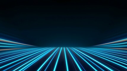 The image contains a dark background with bright blue and orange neon lines converging towards a vanishing point, creating a futuristic or technological feel.