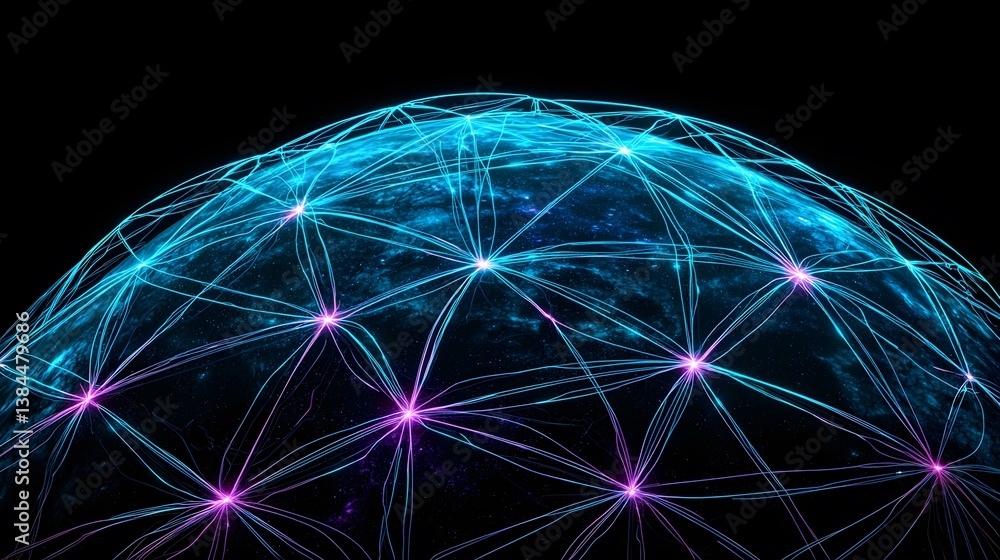 Poster the image shows a stylized representation of the earth enveloped in a network of glowing blue and pu