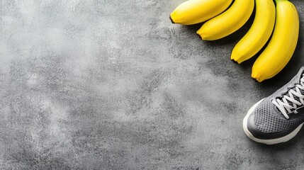Healthy lifestyle concept.  Bananas and running shoes on a gray surface
