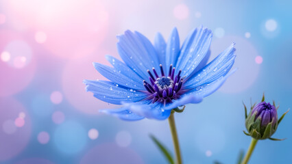Obraz premium Beautiful blue flower with dewdrops on petals against a dreamy soft pastel background with bokeh lights