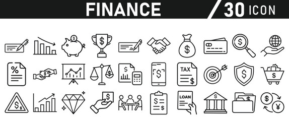 Finance icon set. Containing loan, cash, saving, financial goal, profit, budget, mutual fund, earning money and revenue icons for web