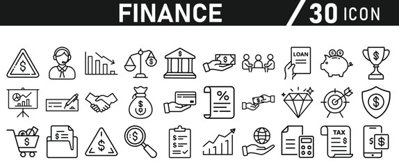 Finance icon set. Containing loan, cash, saving, financial goal, profit, budget, mutual fund, earning money and revenue icons for web