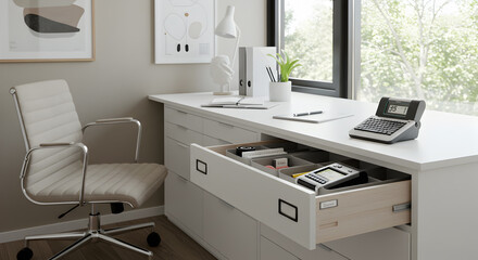 Organized Home Office With Sliding Drawer Organizers And Label Maker