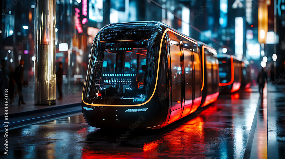 Poster an ai powered autonomous public transportation system in a futuristic city, reducing congestion and 