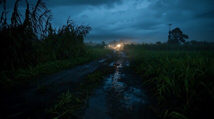 Nightfall Drive Rural Road with Rainy Season, and Indonesia.