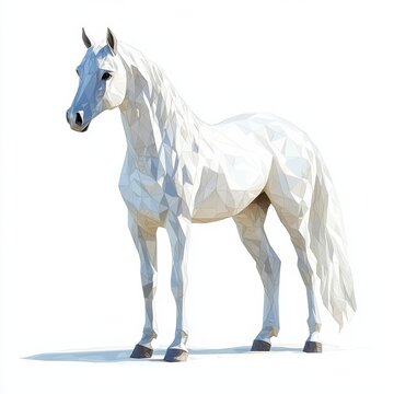 A majestic white horse rendered in a striking low-poly style displays a dynamic posture against a clean white background ideal for design projects requi a strong visual