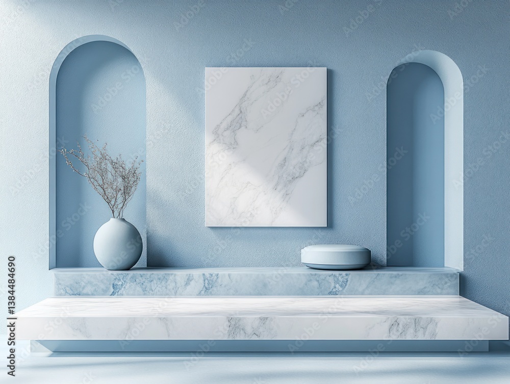 Aufkleber Modern Minimalist Product Display Scene 3D Render with Geometric Shapes in Soft Pastel Blue Tones for Luxury Presentation