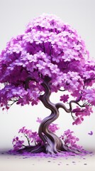 A stunning low poly rende depicts a vibrant purple jacaranda tree with intricately detailed blossoms and a twisting trunk against a minimalist white background, showcasing a