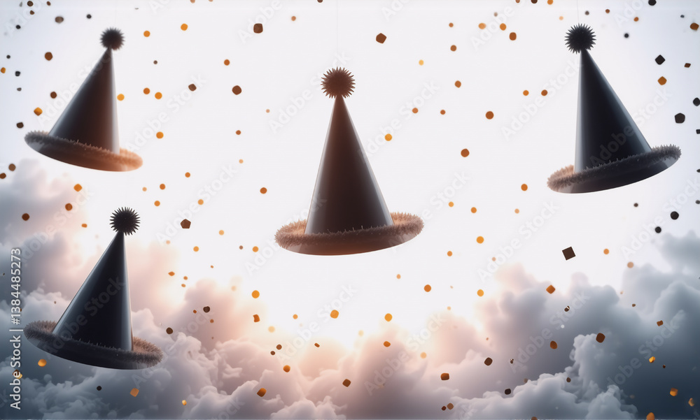 Poster whimsical party hats float gently amongst soft clouds and golden confetti, creating a dreamy and cel