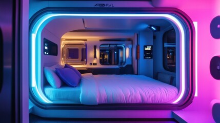 Obraz premium Futuristic sleeping pod featuring sleek metallic interiors in a neon-lit hotel with glowing blue and purple ambiance