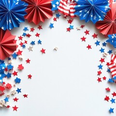 Fototapeta premium 4th of July Independence Day Celebration with Red Blue White Star Confetti Minimalistic Paper Decorations