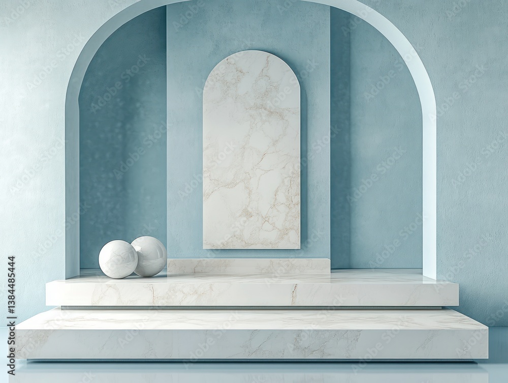Poster minimalist geometric abstract design in soft pastel blue with marble texture for product display pre