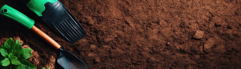 Gardening tools on rich soil