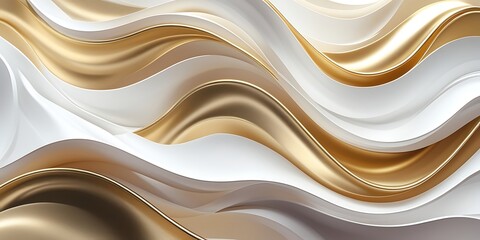 Obraz premium Elegant abstract 3D waves in white and gold tones forming a flowing, luxurious texture, ideal for background use in modern design, luxury branding, or creative decoration 