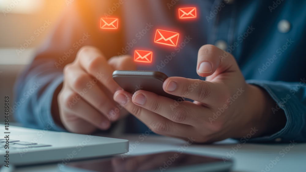 Poster close-up of hands using smartphone with floating email icons and laptop on desk background