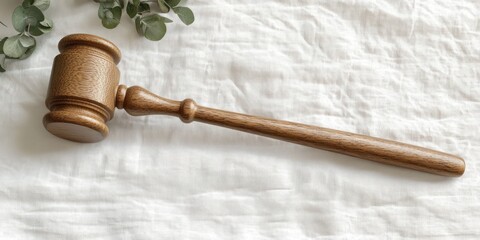 Wooden Gavel on White Surface Minimalistic Design Law Justice Concept Flat Lay