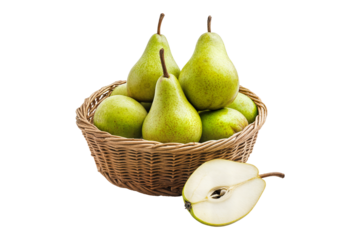 Fresh green pears in a basket isolated on transparent background