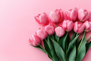 Fototapeta premium Pink Tulips Bouquet on Pastel Pink Background Simple Elegant Composition Soft Natural Light Flat Lay Spring Flowers